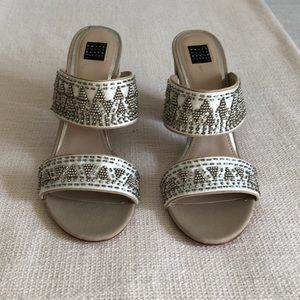 White House Black Market beaded double strap leather heels.